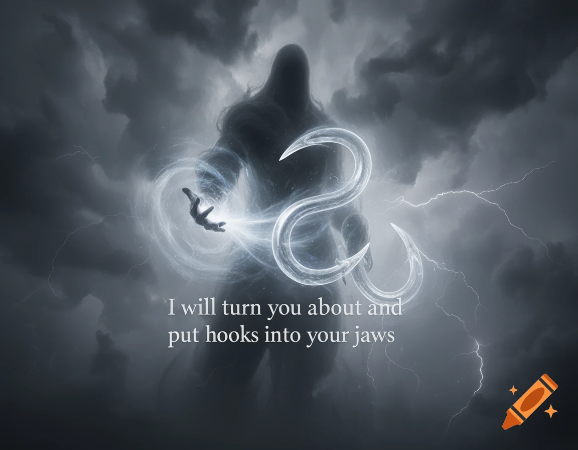 A shadowy, ethereal figure holds glowing light and large hooks amidst a stormy sky with lightning. Text reads: 'I will turn you about and put hooks into your jaws'.