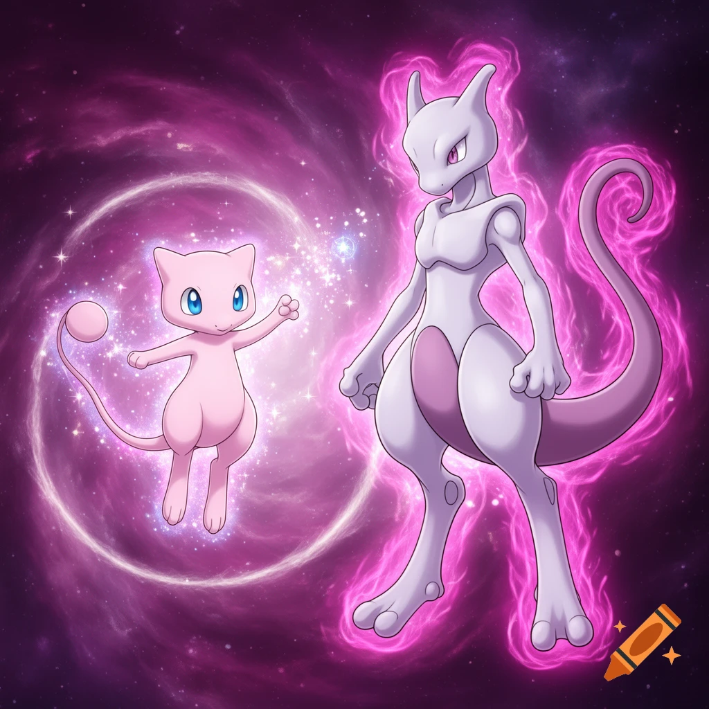 Mew and Mewtwo stand against a vibrant purple cosmic background filled with stars and glowing energy.