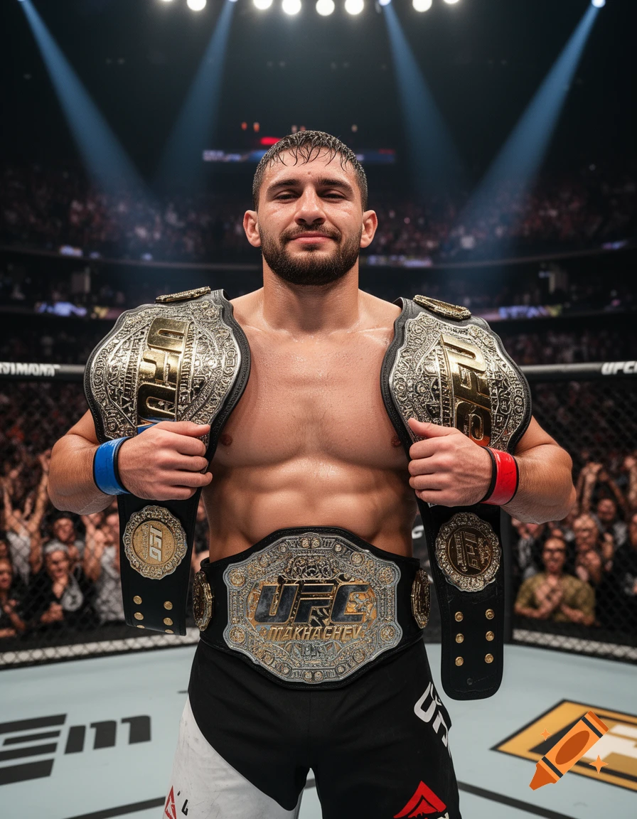 Islam Makhachev, a male fighter, shirtless and wearing three championship belts, stands confidently in a brightly lit MMA octagon with a cheering crowd in the background.