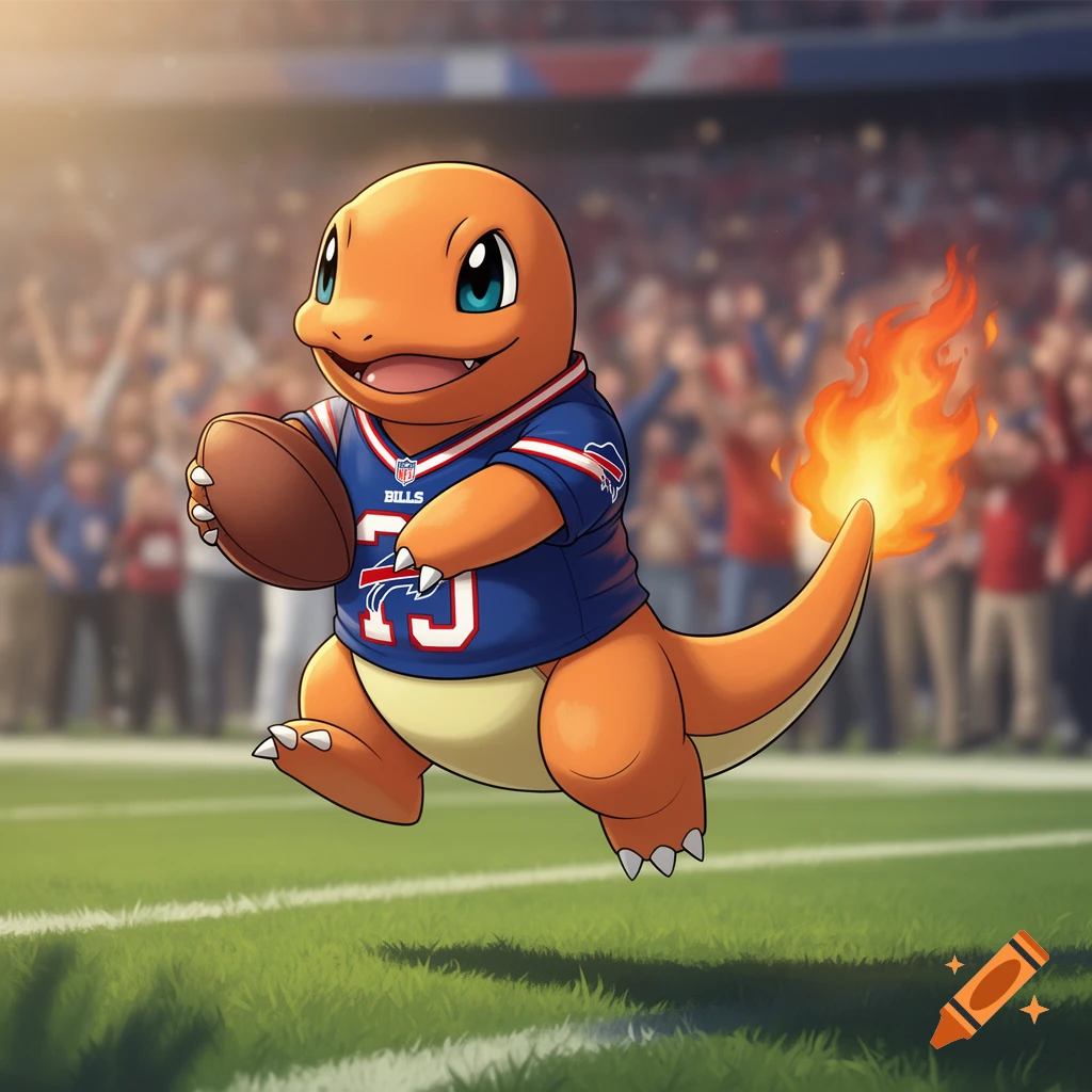 Charmander in a blue Buffalo Bills football jersey runs on a field with a football, a crowd blurred in the background.