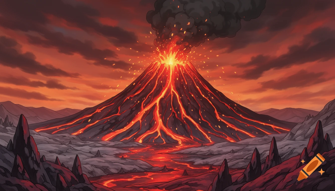 Anime landscape of an erupting volcano, spewing lava down its sides and into a river, under a fiery red sky.