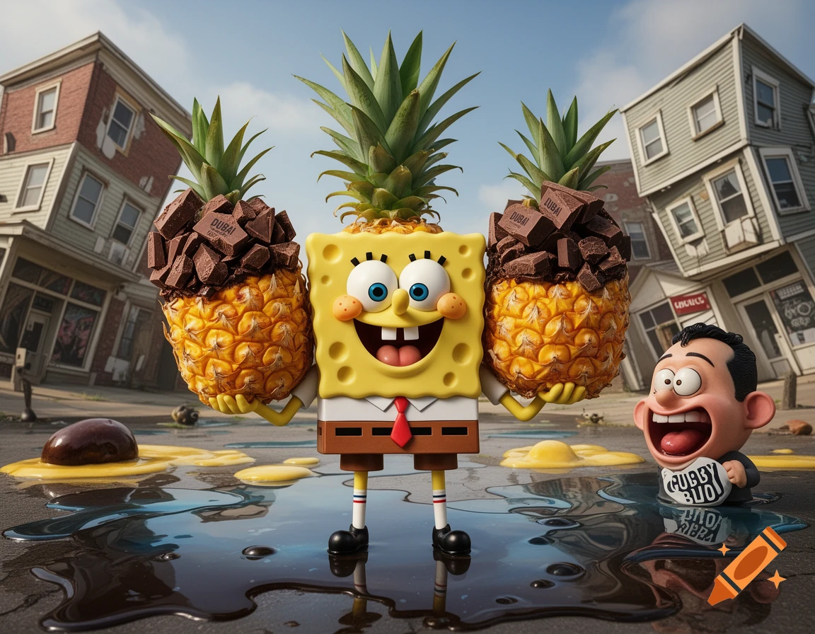 Spongebob holds two chocolate-topped pineapples, standing in spilled liquid with a screaming character and leaning buildings.