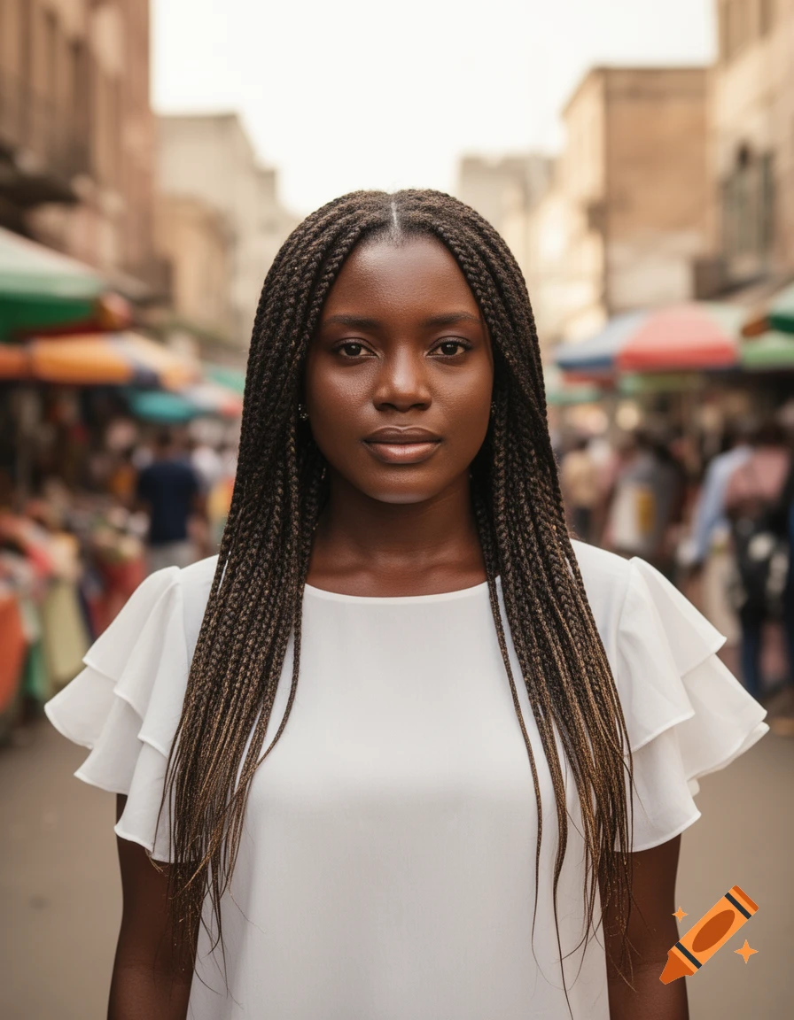 A photorealistic portrait of a young Black woman with long box braids, wearing a white ruffled top, standing in a busy outdoor market.