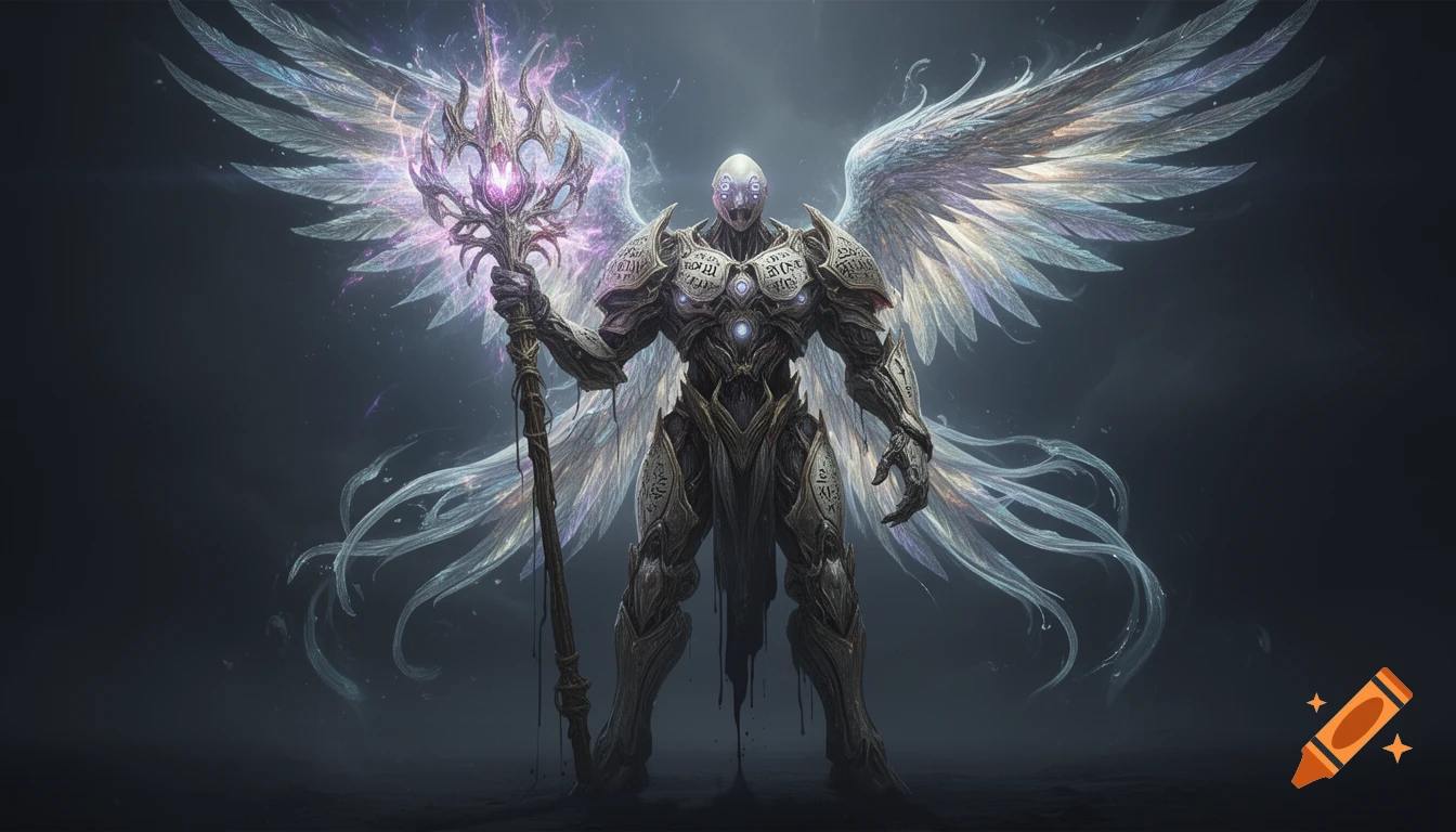 A powerful, armored construct with glowing multiple eyes, ethereal wings, and a mystical, glowing scepter in a dark, supernatural setting.
