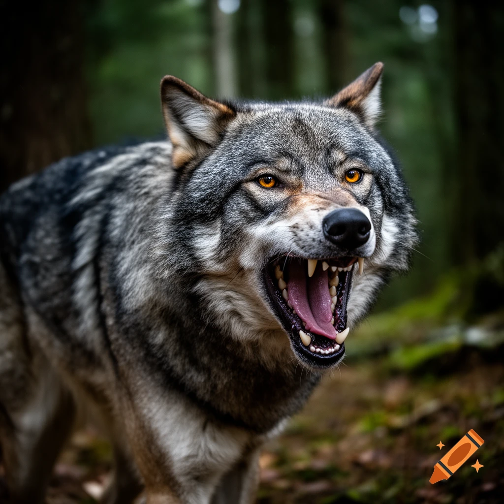 A photorealistic grey wolf snarls fiercely, mouth open revealing sharp teeth and an aggressive expression, with intense orange eyes in a dark forest.