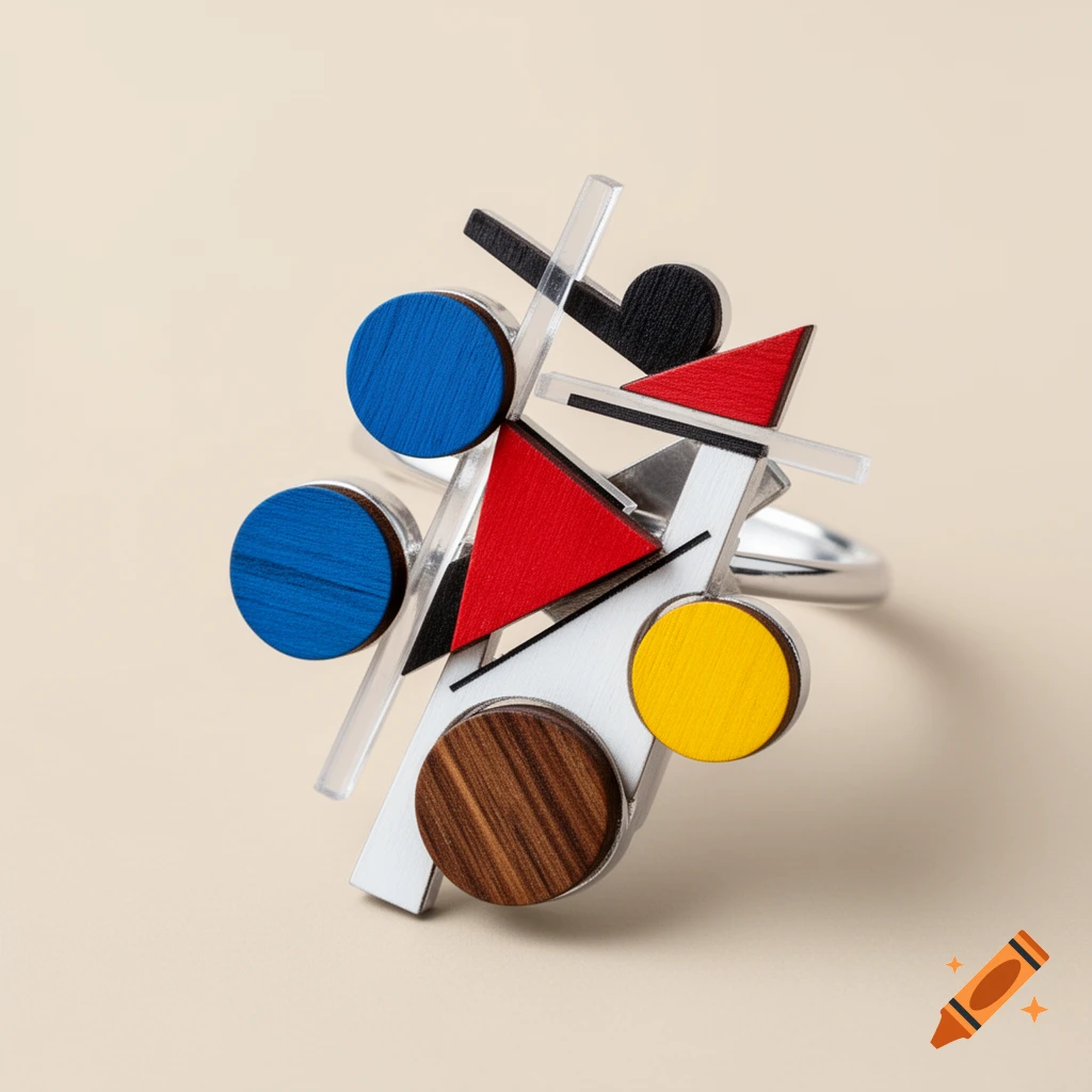 A Kandinsky-inspired ring featuring colorful geometric shapes in wood, plastic, and metal on a light background.