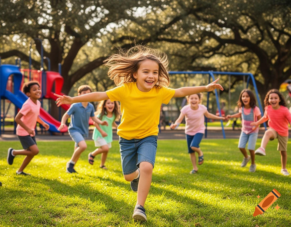A group of happy children running and playing on green grass in a sunlit park with playground equipment and trees.
