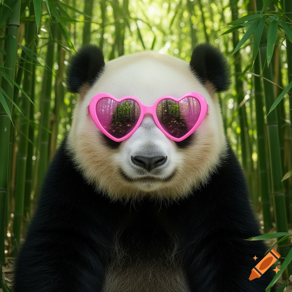 Close-up of a panda wearing pink heart-shaped sunglasses in a bamboo forest.