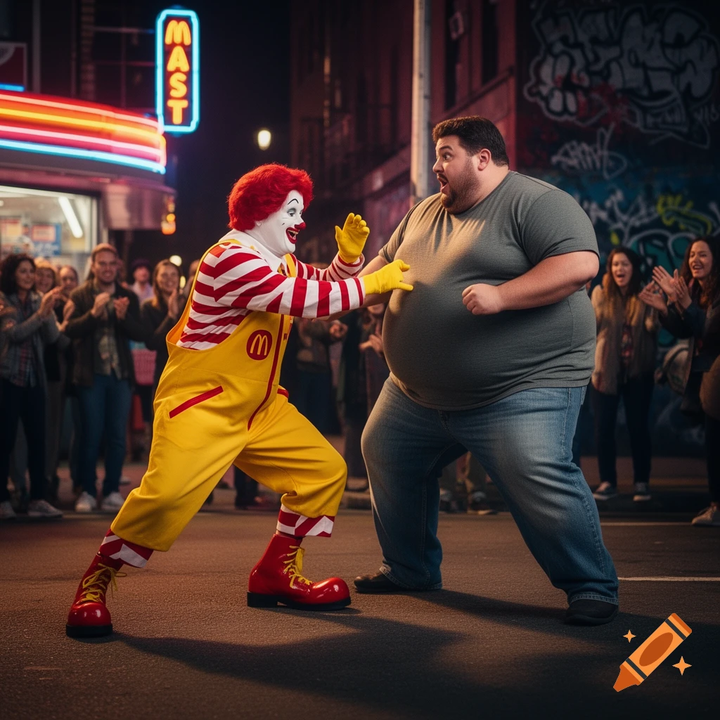 Ronald McDonald and a heavy-set man in a mock fighting stance on a city street at night, with neon signs and onlookers.