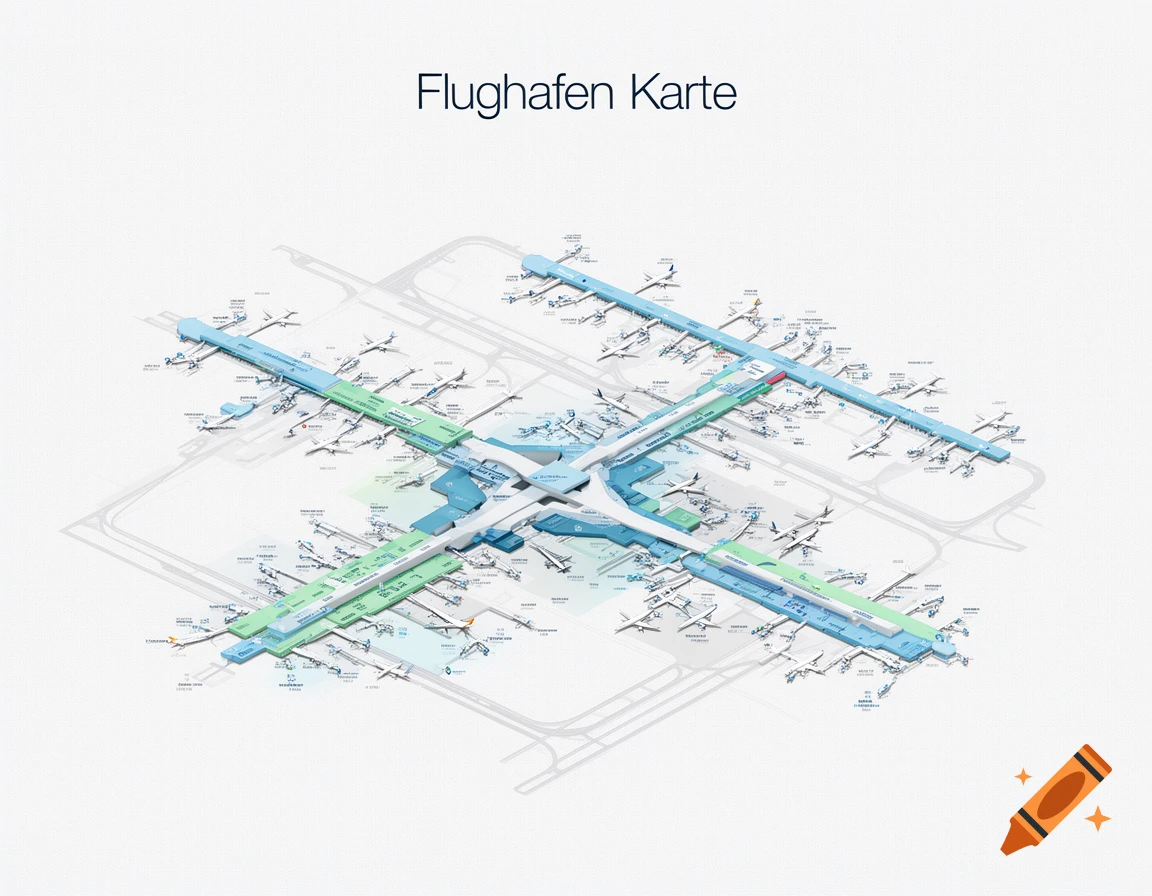 An isometric map of an airport showing terminals, runways, and numerous airplanes at gates, with the title "Flughafen Karte" in a clean, illustrative style.