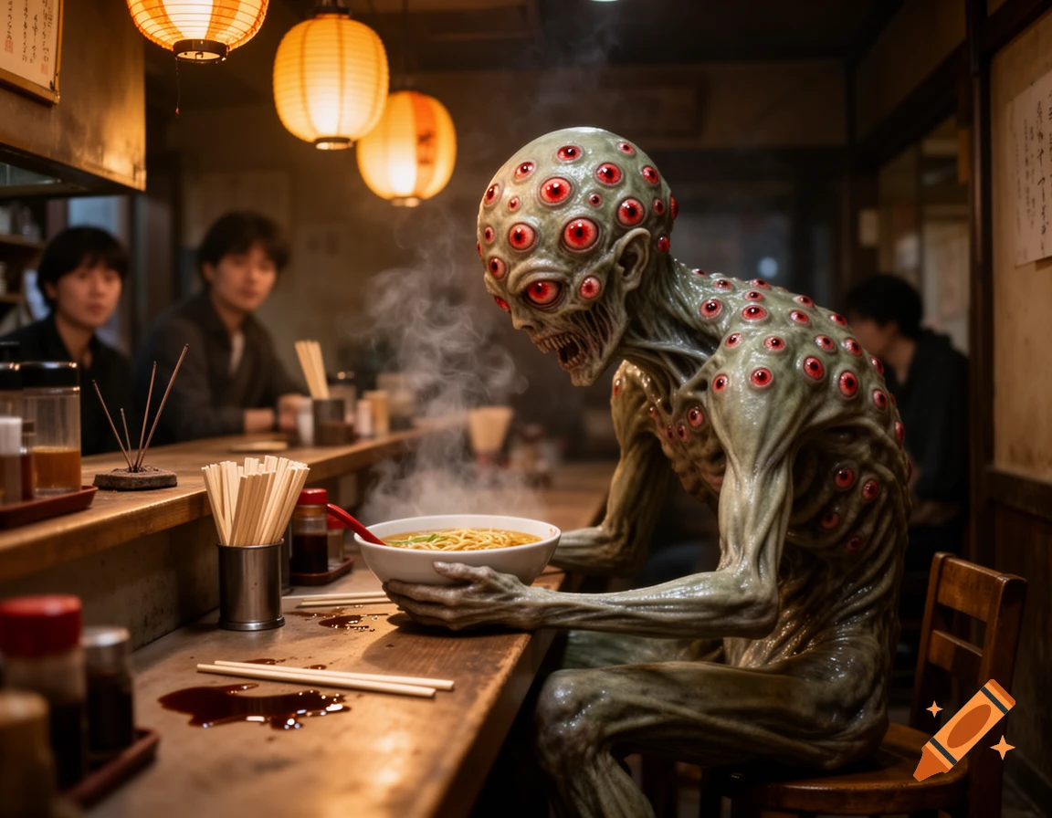 A green, multi-eyed monster with red bloodshot eyes sits at a ramen bar, holding a bowl of steaming noodles in a photorealistic style.