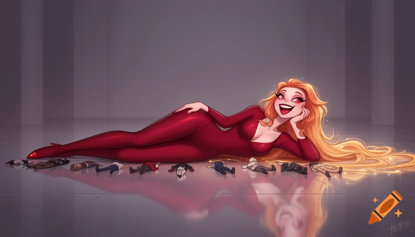 Charlie Morningstar in a red bodysuit reclines on a reflective floor, smiling widely beside tiny stylized figures.