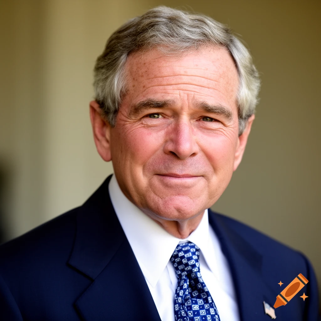 Photorealistic portrait of George W. Bush smiling, wearing a dark suit and a blue patterned tie, looking forward.