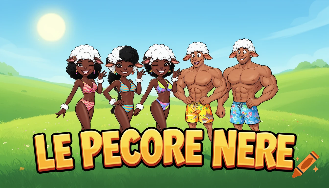 A cartoon of three female and two male anthropomorphic sheep in swimwear standing in a sunny green meadow with the text 'LE PECORE NERE'.