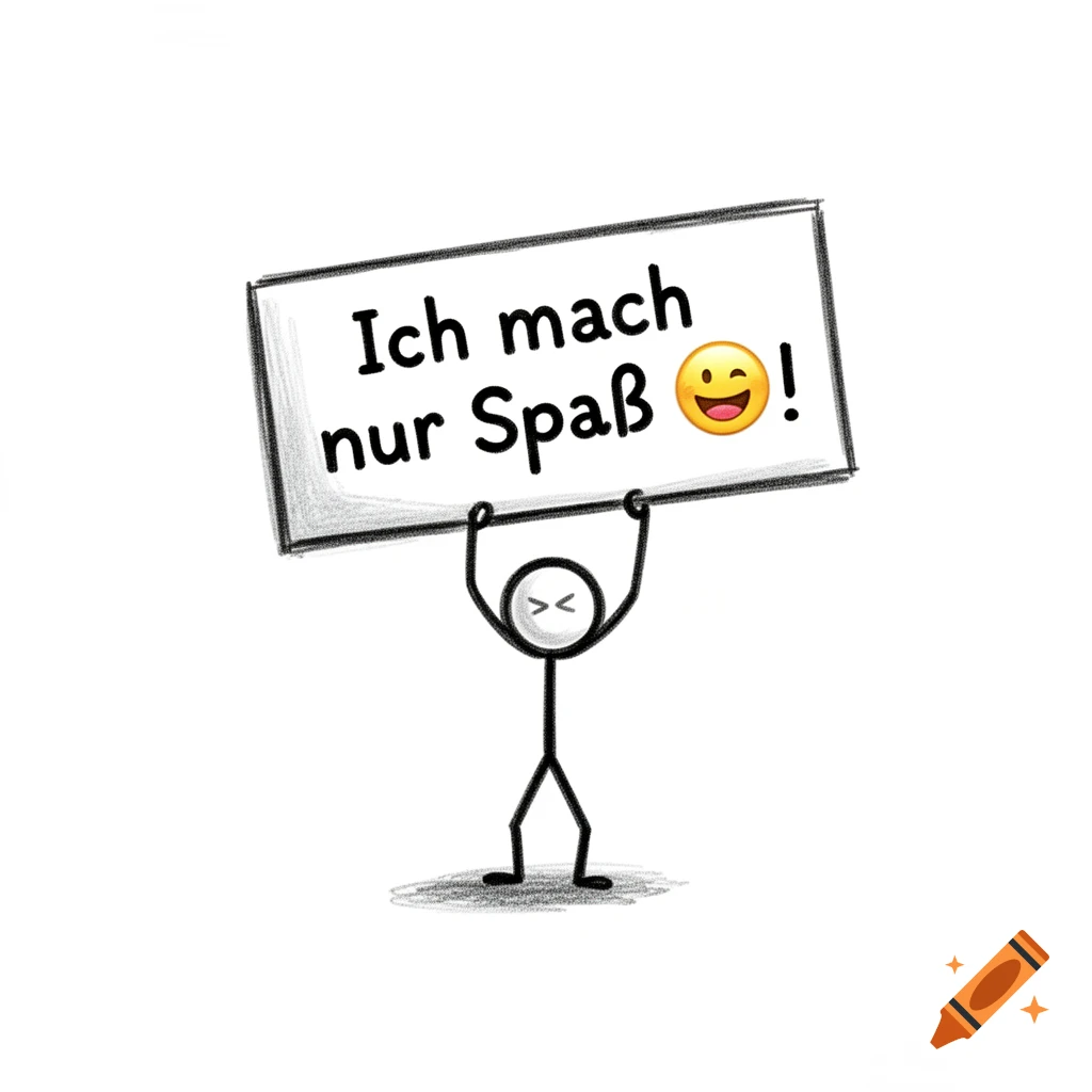 A minimalist stick figure holds up a sign that reads "Ich mach nur Spaß" with a winking emoji, against a white background.