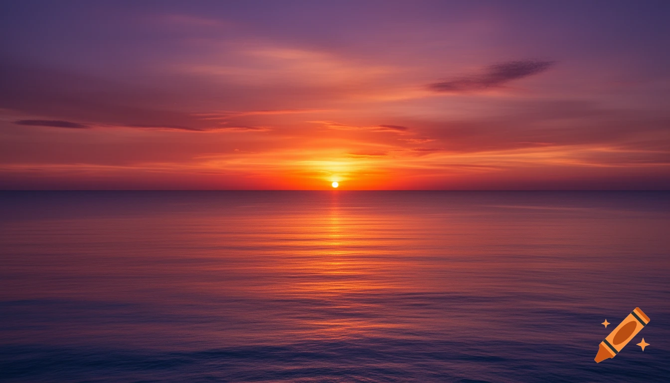 Vibrant sunset over a calm ocean, with a radiant sun reflecting orange, red, and yellow hues on the water.