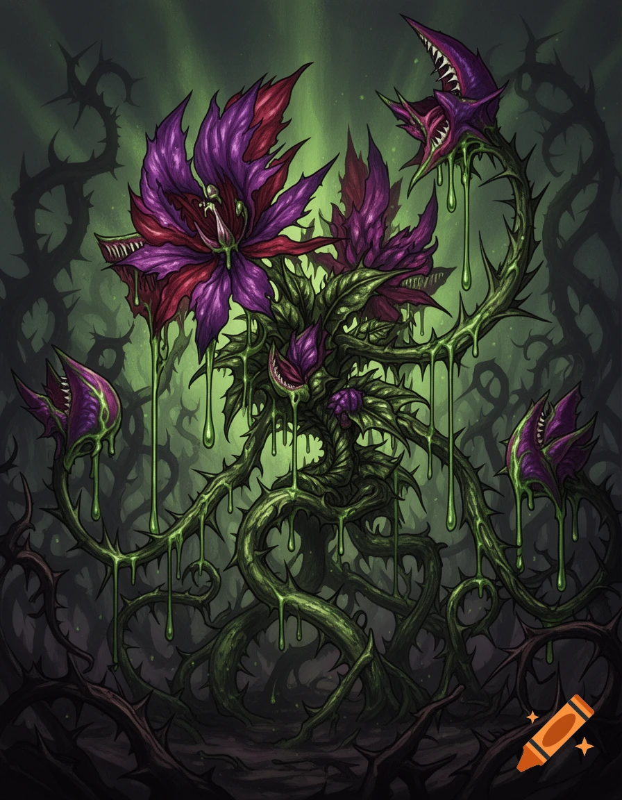 Stylized fantasy art of a monstrous, thorny Predaplant with purple fanged flowers and dripping green slime, set against a dark, glowing background.