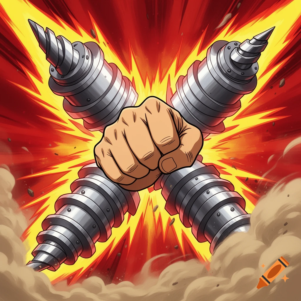 Stylized anime illustration of a powerful fist punching into two crossed metal drills amidst a fiery explosion and rising dust.
