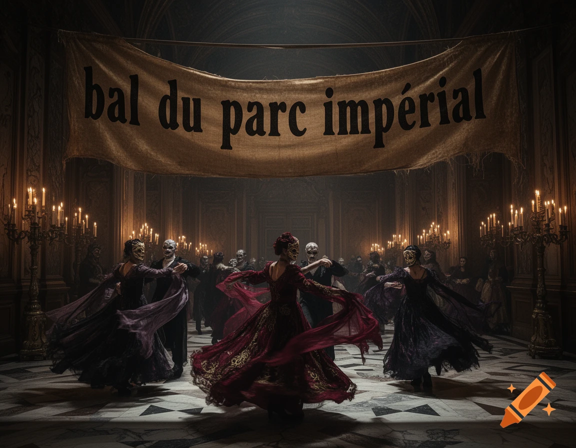 Masked figures in elaborate costumes dance in a grand, candlelit hall under a banner reading 'bal du parc impérial', in a gothic style.