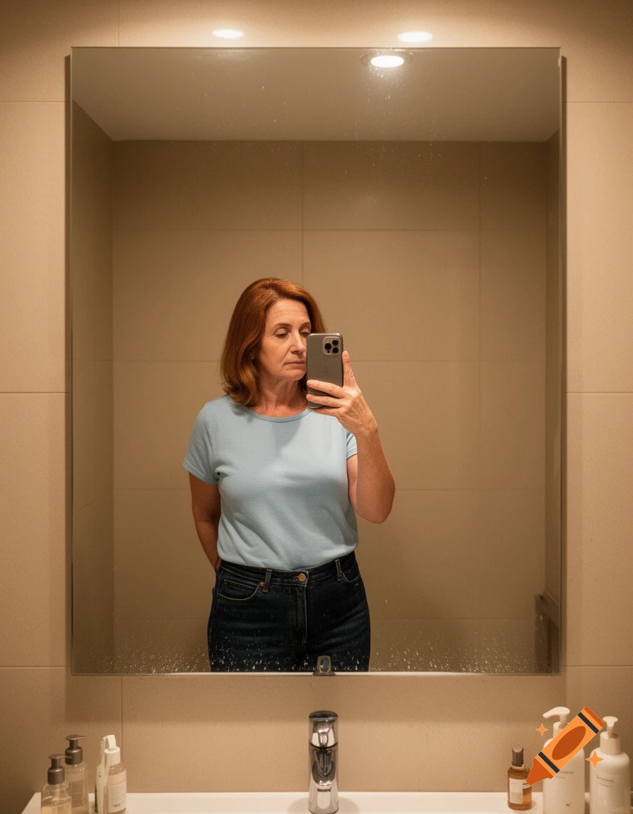 Photorealistic portrait of a middle-aged woman with red hair taking a mirror selfie in a bathroom.
