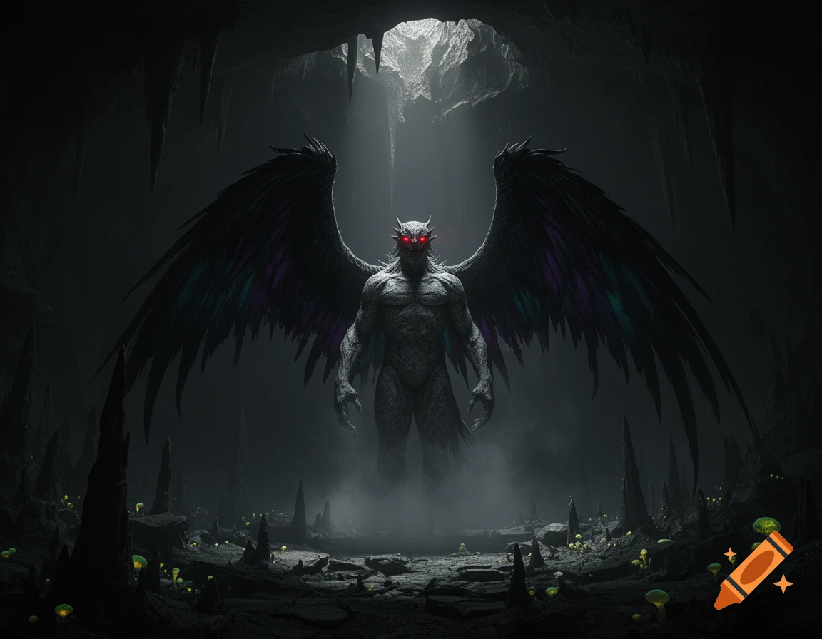 An ominous winged demon with red eyes stands in a dark, misty cave with glowing mushrooms and light filtering from above.