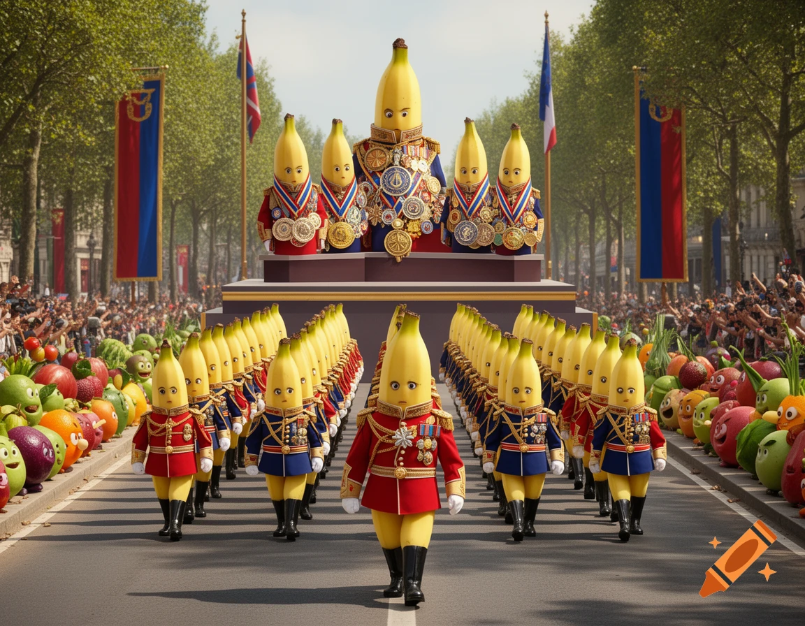 Anthropomorphic bananas in ornate military uniforms parade past fruit characters and crowds on a city street.