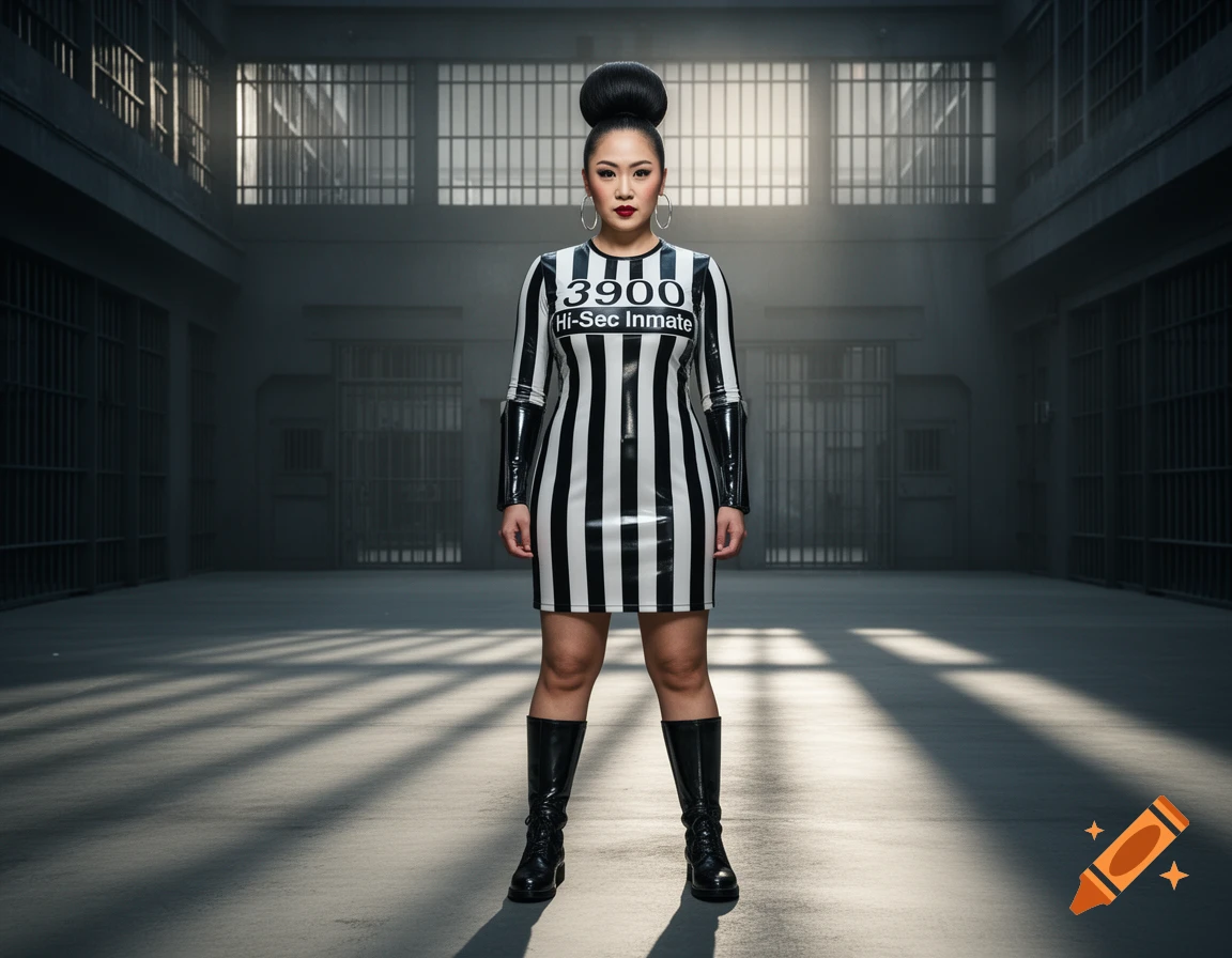 A defiant Asian woman in a black and white striped latex prison uniform stands in a harsh, lit futuristic prison yard.