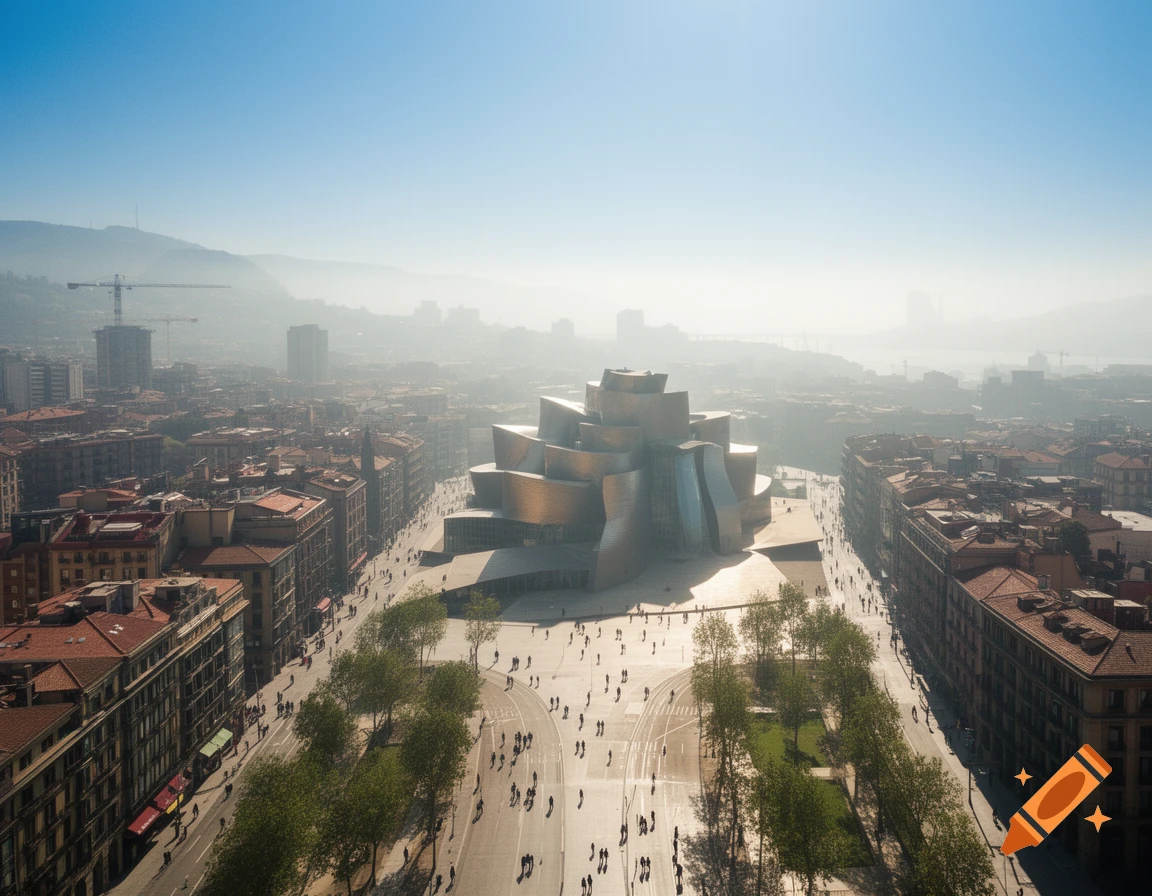 Aerial view of the metallic, curving Guggenheim Museum Bilbao amidst a hazy, sprawling city under a bright sky, with people walking on the plaza.
