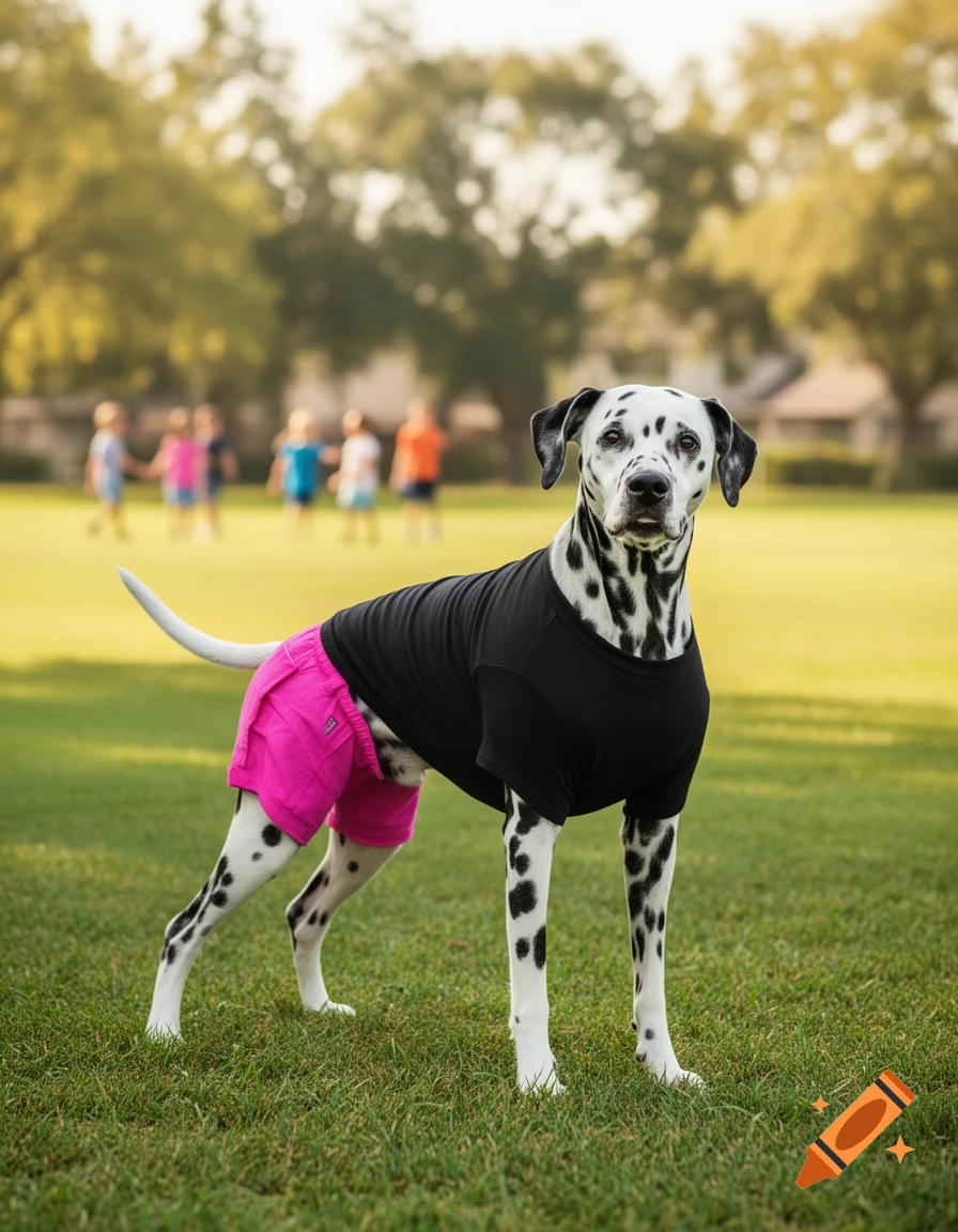 A photorealistic image of a Dalmatian dog wearing a black t-shirt and pink shorts, standing in a green park.