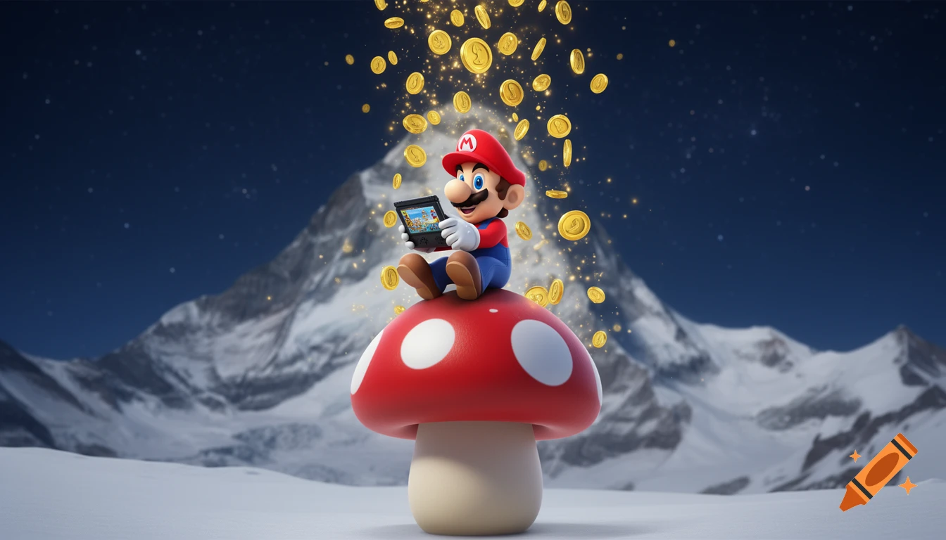 Mario sits on a red mushroom, playing a video game on a handheld console, as golden coins rain down in a snowy mountain landscape at night.