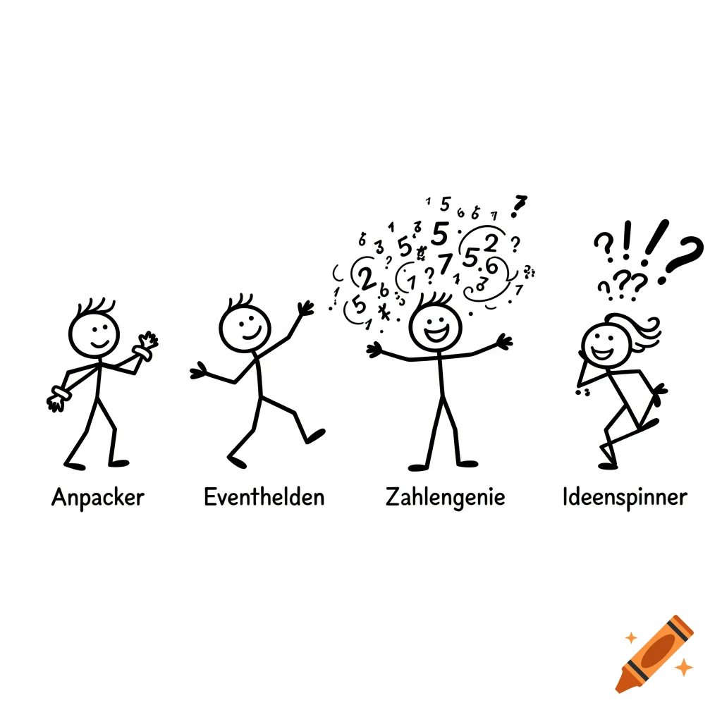 Four black outline stick figures on a white background, labeled Anpacker, Eventhelden, Zahlengenie, and Ideenspinner.