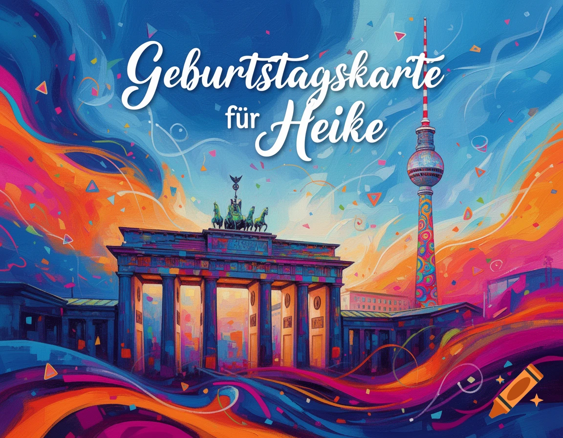 Abstract, colorful birthday card featuring the Brandenburg Gate and Berlin TV Tower with text 'Geburtstagskarte für Heike'.