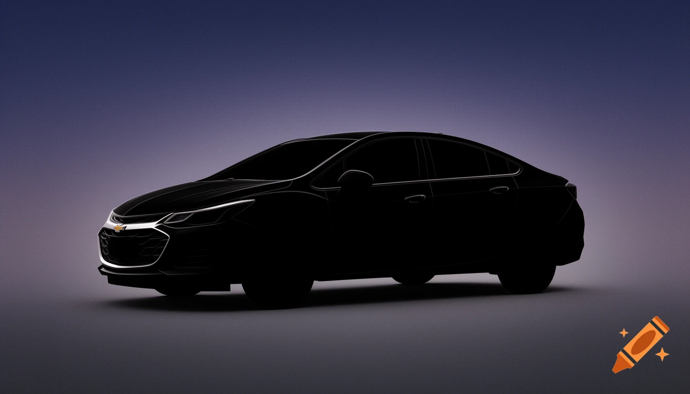 Dark silhouette of a Chevrolet Cruze sedan with illuminated headlights and a visible logo, against a purple and gray gradient background.