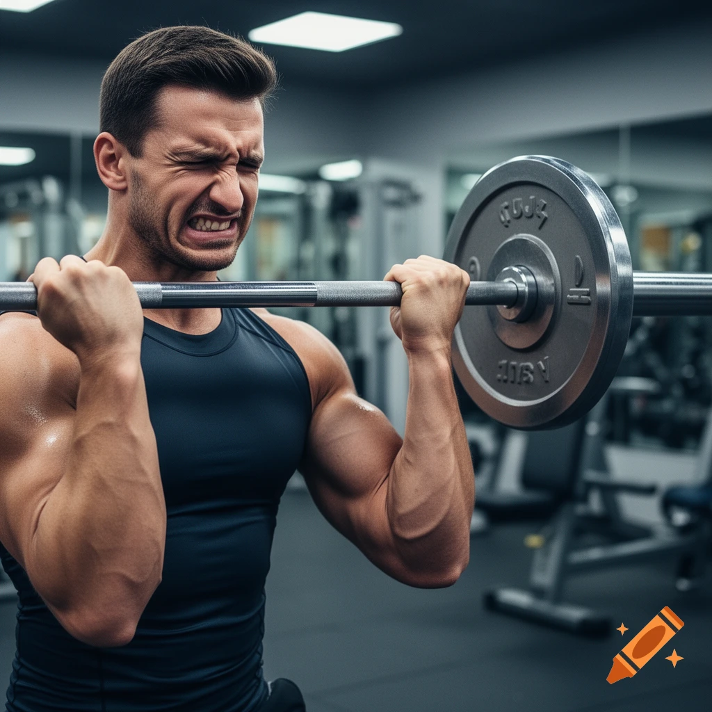 A muscular man in a black tank top intensely curls a barbell in a gym, his face strained with effort.