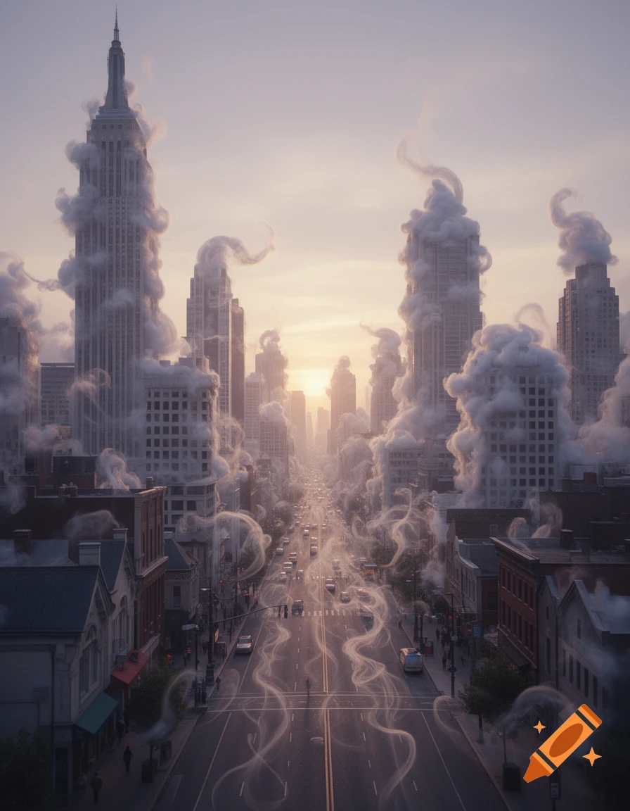 A surreal cityscape with tall buildings covered in swirling white smoke, cars on a wide street at sunset.