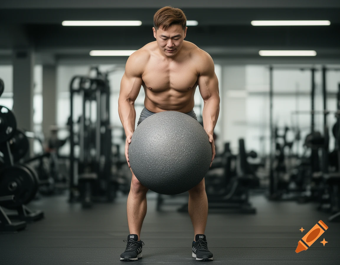 A muscular Asian man holding a large gray atlas stone in a gym, looking down. Photorealistic.