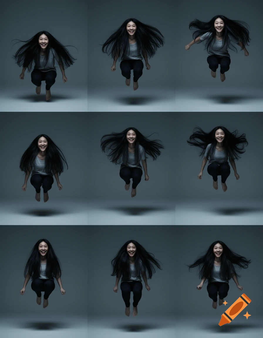 A woman with long black hair jumps repetitively with a wide, unsettling smile in 9 frames against a gray studio background.