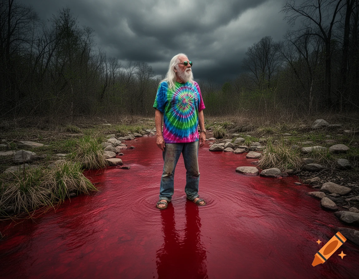 An old hippy in a tie-dye shirt stands ankle-deep in a blood-red river, flanked by a dark, barren forest under a stormy sky.