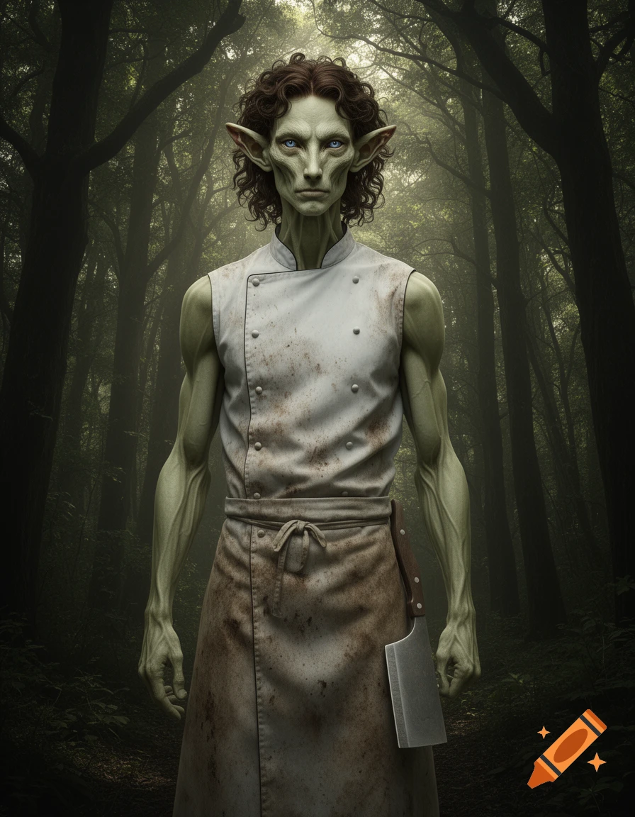 A gaunt, pale olive-green skinned creature with pointed ears and dark curly hair, wearing a dirty chef's coat and apron, with a large cleaver on its hip, stands in a dark forest.