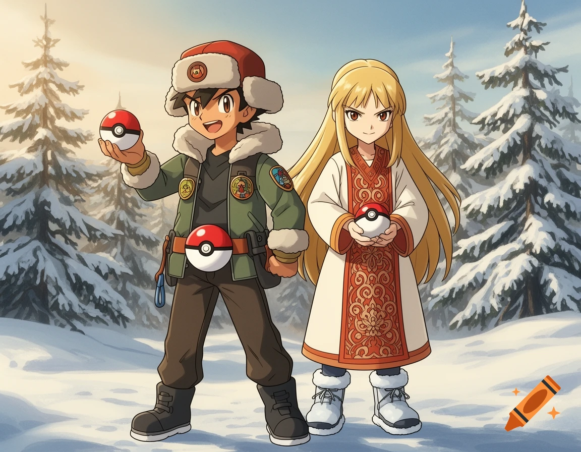Anime boy and girl trainers holding Pok0 Balls in a snowy winter forest.