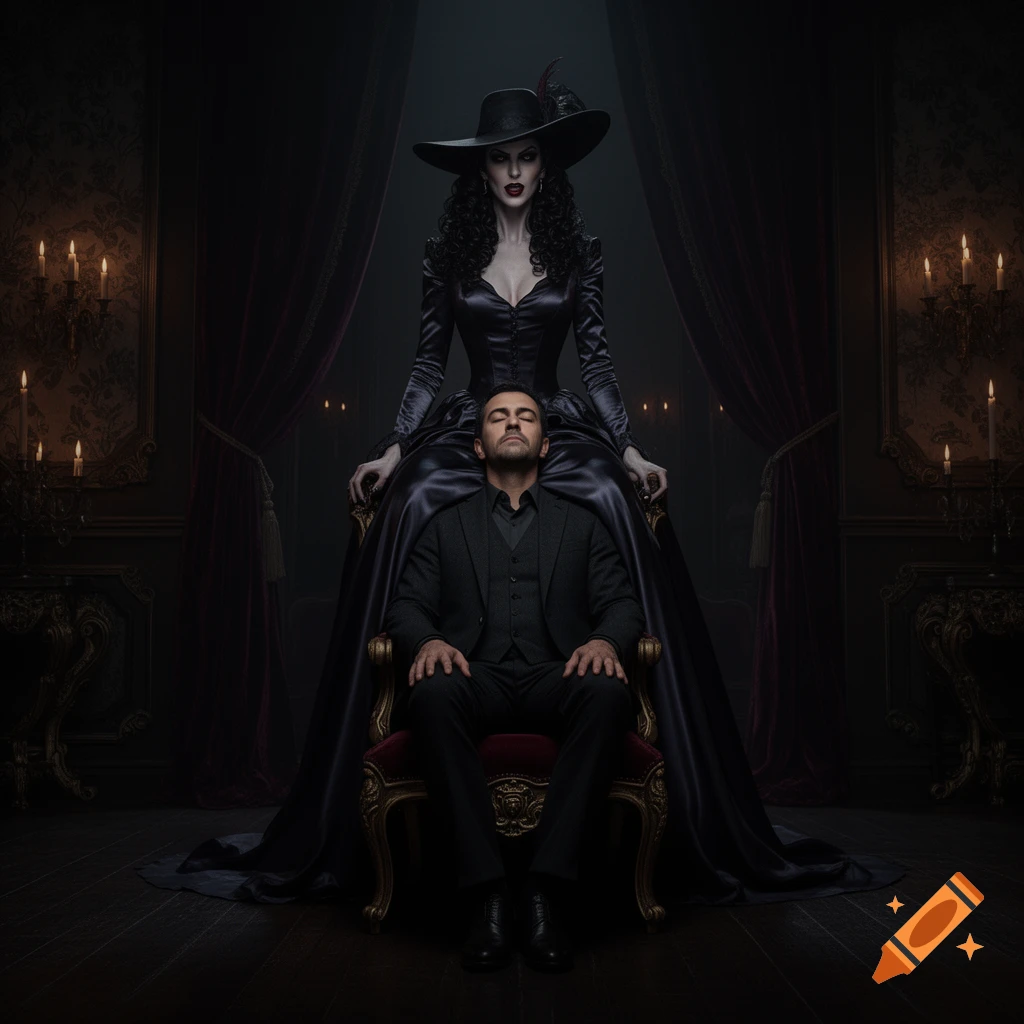A tall woman in a gothic dress and hat sits above a man in a suit, eyes closed, in a dark, candlelit ornate room.
