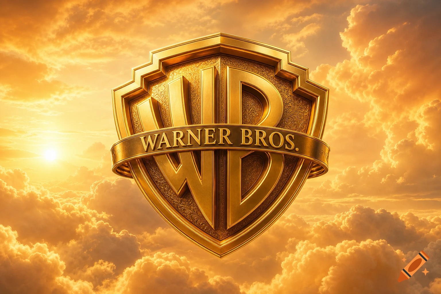 A shiny gold Warner Bros. shield logo against a dramatic orange sunset sky with puffy clouds.