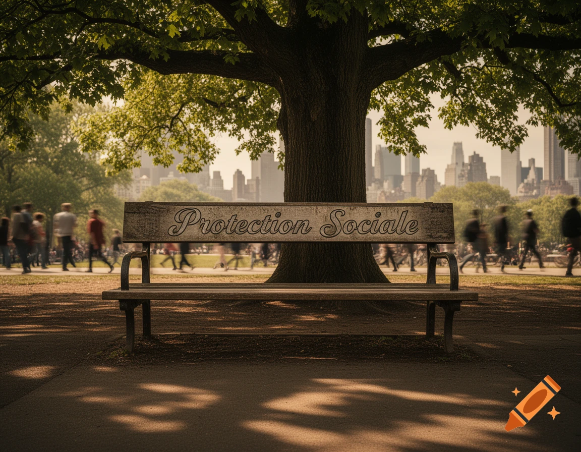 A park bench with 'Protection Sociale' on its backrest, under a large tree in a sunny park with a blurred city skyline.