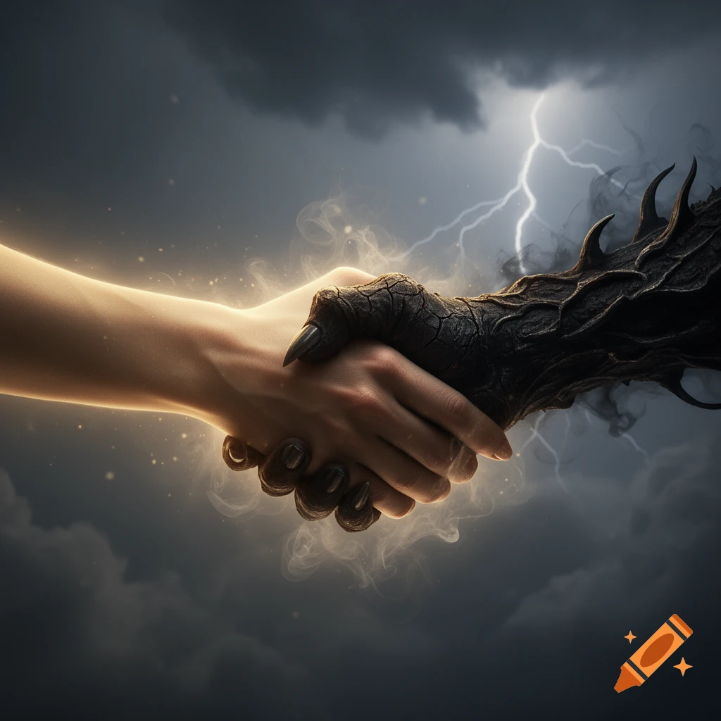 A dramatic image of a human hand shaking a dark, demonic hand, set against a stormy sky with lightning.