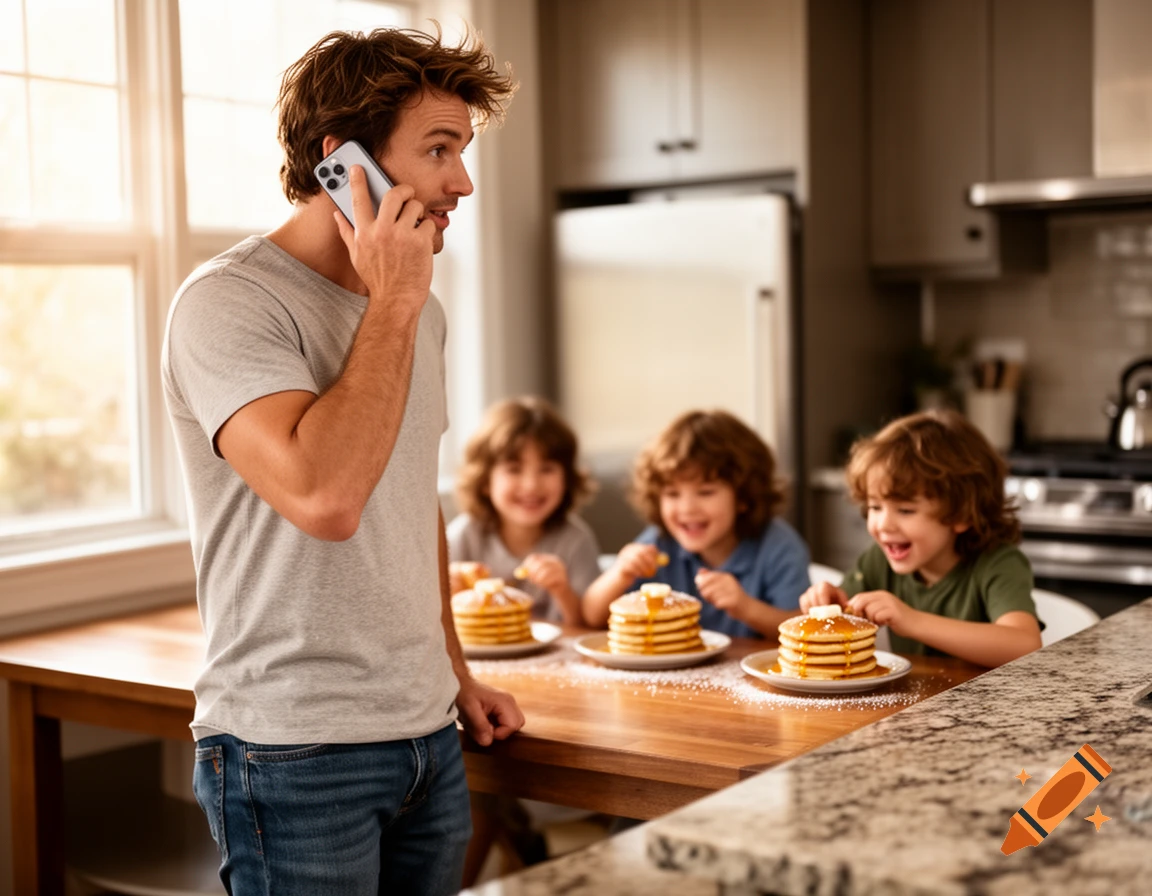 A man talks on his phone while three young children eat pancakes at a kitchen table.