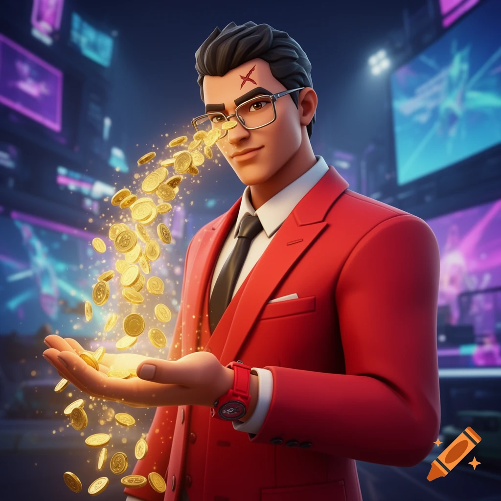 A stylized male character in a red suit with glasses and a scar on his forehead holds out a hand from which gold coins burst forth, against a blurred neon city background.