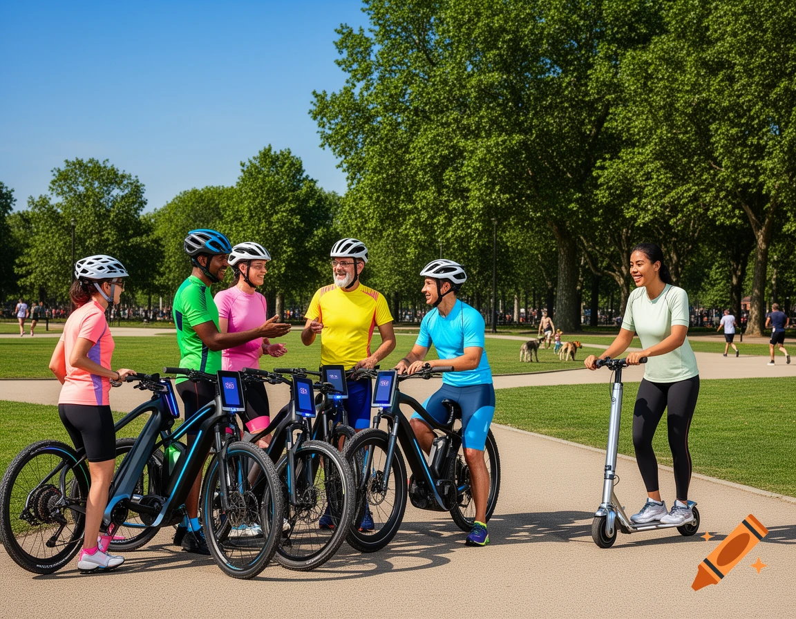 Six people, five with e-bikes and one with a scooter, stand on a paved path in a sunny park with green trees.