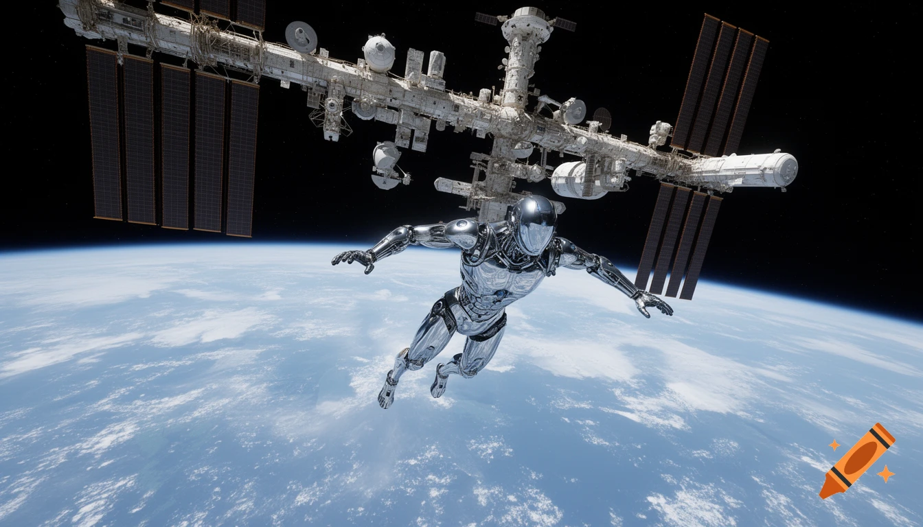 A photorealistic chrome robot floats in space above Earth, with the International Space Station in the background.