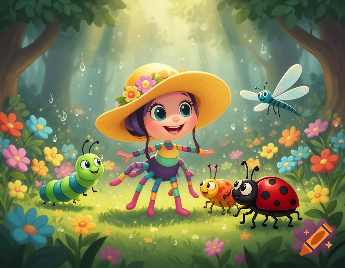 A cheerful cartoon girl with spider-like limbs and a yellow hat smiles in a rainy forest with colorful flowers and friendly insects.