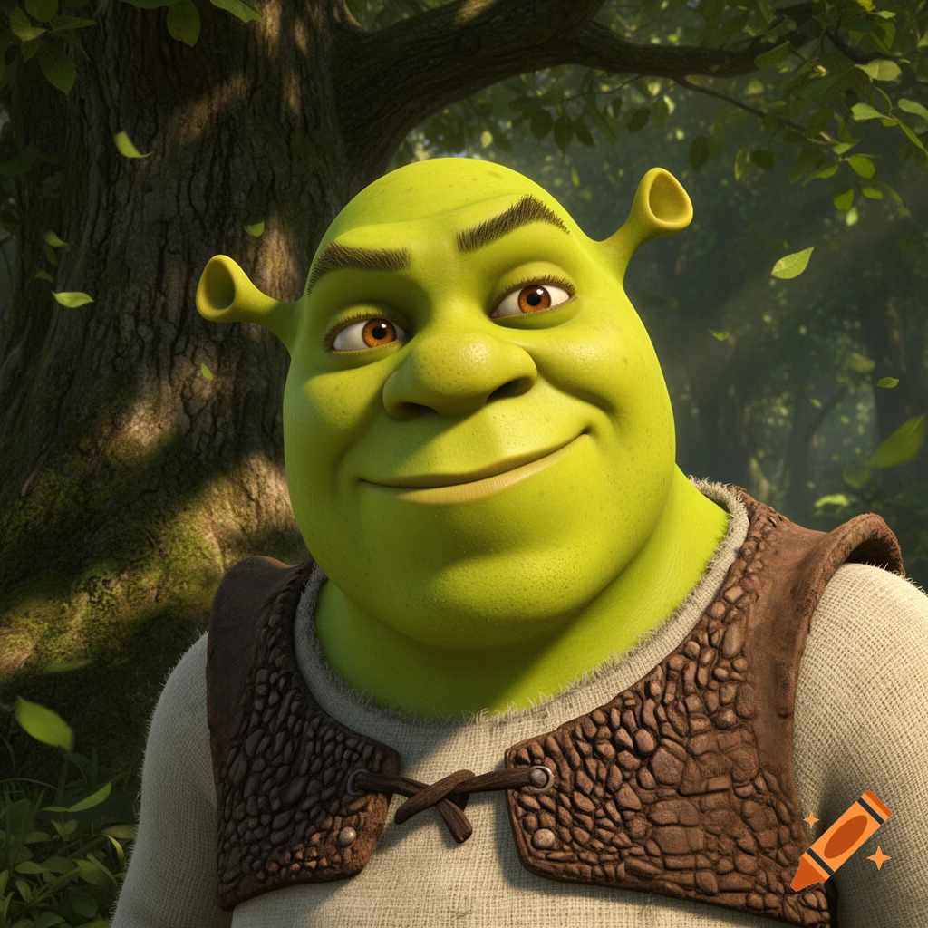 Close-up of Shrek, a green ogre, smiling at the viewer in a lush forest setting, rendered in high-quality CGI.